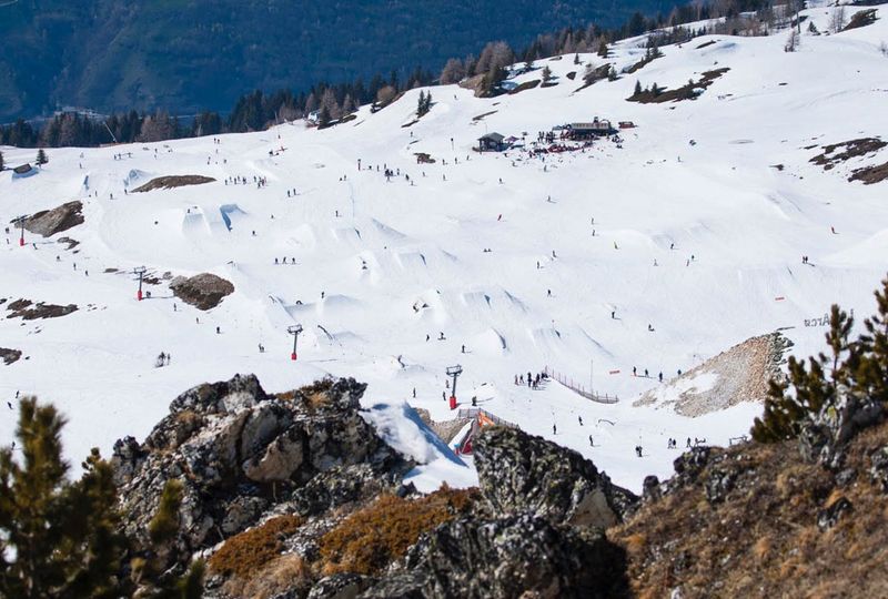 A shot of an enormous snowpark from far off