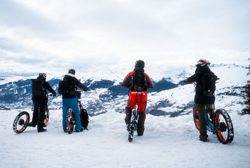 four friends have their backs to camera, standing by fat bikes looking over a snowy valley on a cloudy day